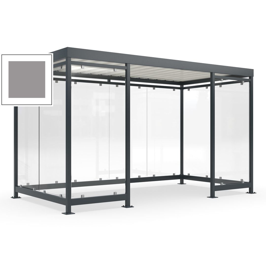 Fahrgastunterstand, Raucherunterstand, fertig montiert, Aufdübeln, 12-13 Personen, 2.510 x 4.195 x 2.165 mm (HxBxT), 10 Wände, Achatgrau