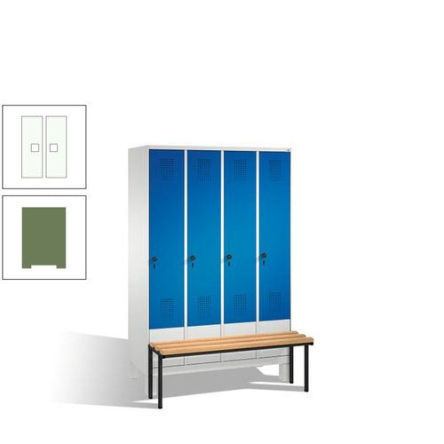Stahl-Garderobenschrank, Spind, Buche Sitzbank vorgebaut, 4 Abteile a 300 mm, Korpus Lichtgrün, Tür Schwefelgelb, 1.850 x 1.200 x 815 mm (HxBxT)