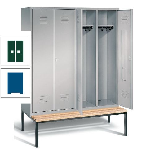 Doppel-Spindschrank, Buche Sitzbank untergebaut, 4 Abteile a 400 mm, Korpus lichtgrau, Tür anthrazitgrau, 2.090 x 1.590 x 815 mm (HxBxT)