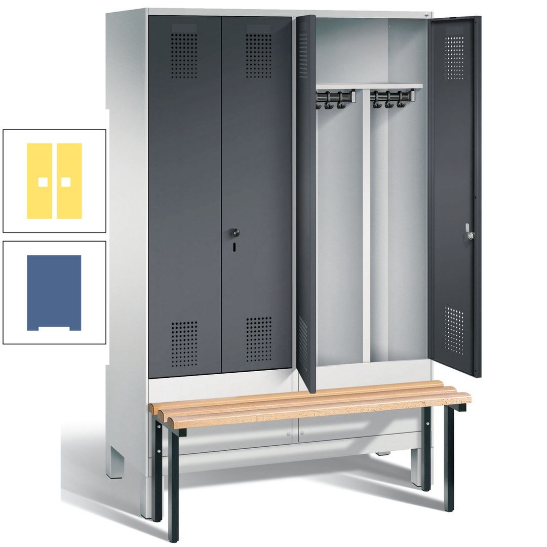 Doppel-Spind, Garderobenschrank, Buche Sitzbank vorgebaut, 4 Abteile a 300 mm, Korpus feuerrot, Tür Wasserblau, 1.850 x 1.200 x 815 mm (HxBxT)