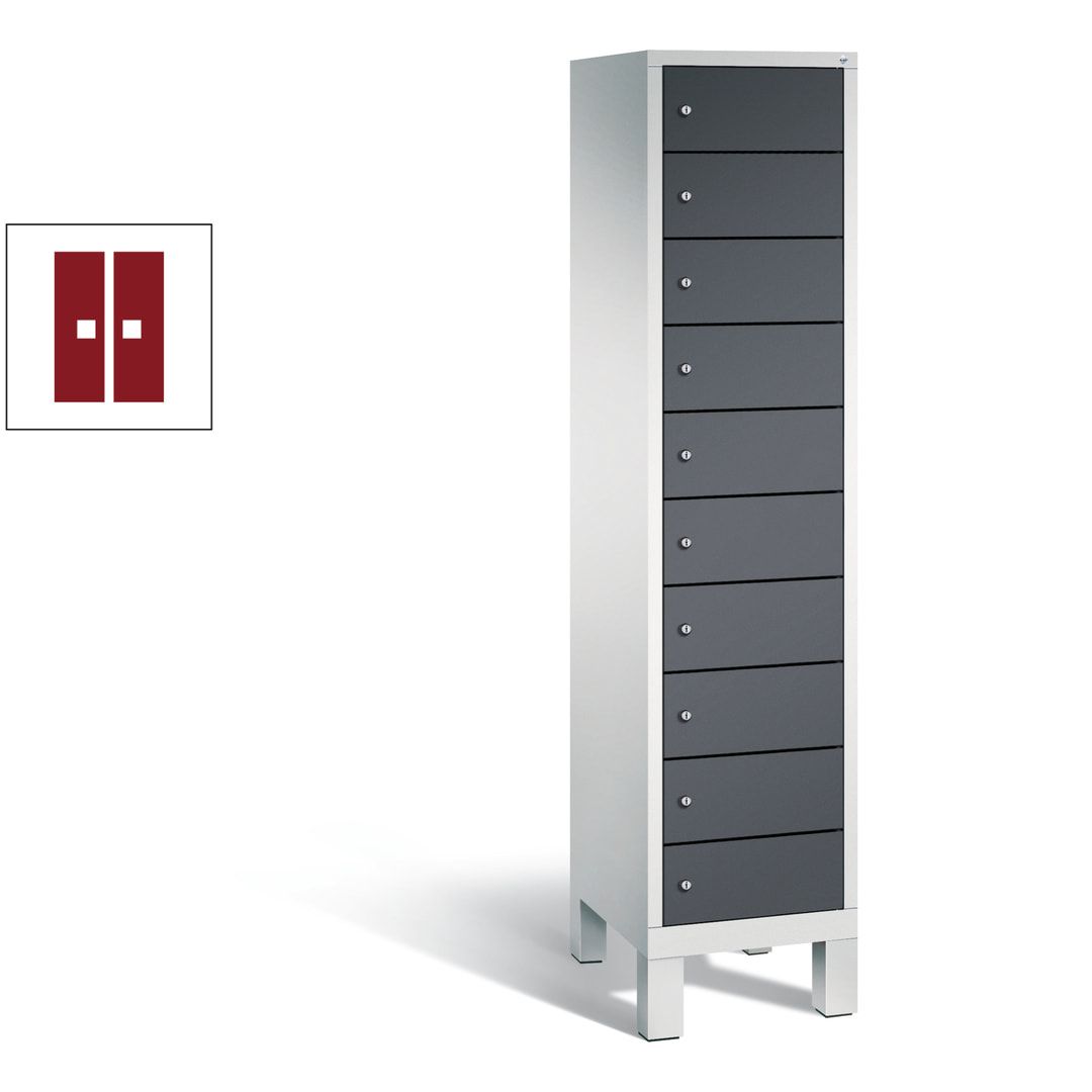 Laptopschrank, Tabletschrank, Computerschrank auf Füßen, 10 Fächer, 1.850 x 420 x 500 mm (HxBxT), Korpus gelborange, Tür anthrazitgrau