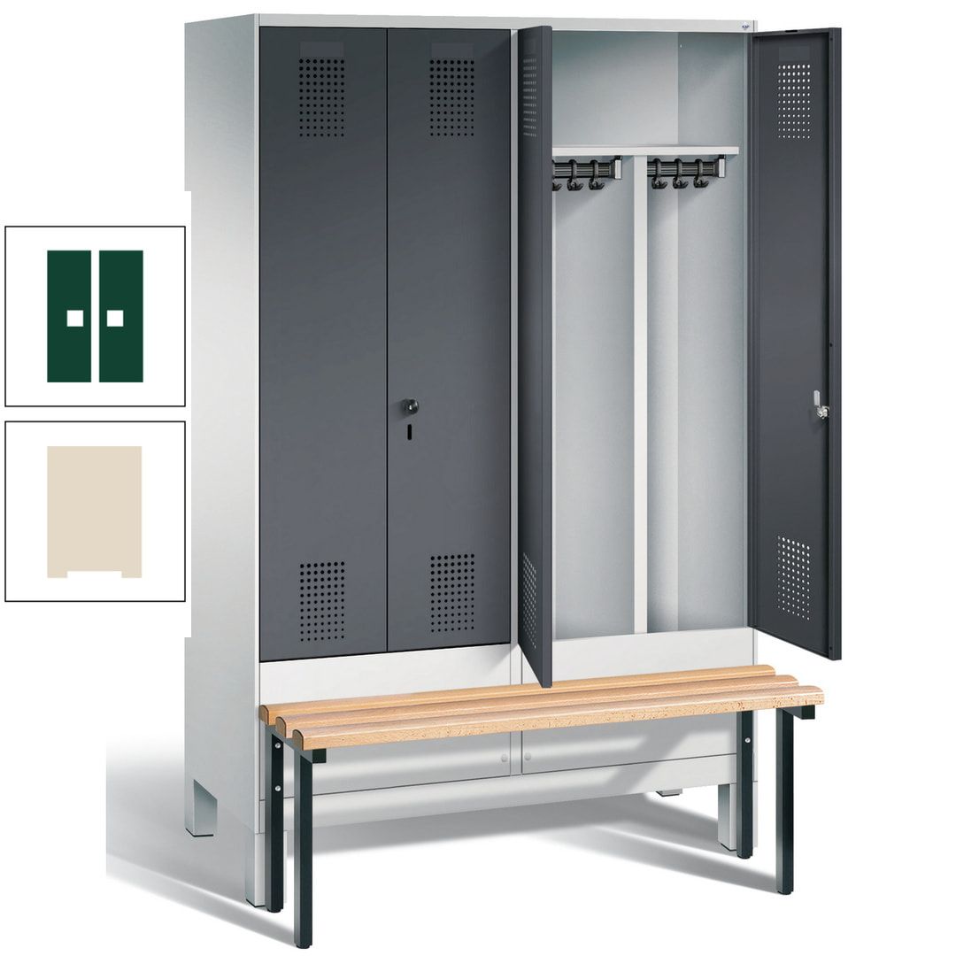 Doppel-Spind, Garderobenschrank, Buche Sitzbank vorgebaut, 4 Abteile a 300 mm, Korpus feuerrot, Tür Wasserblau, 1.850 x 1.200 x 815 mm (HxBxT)