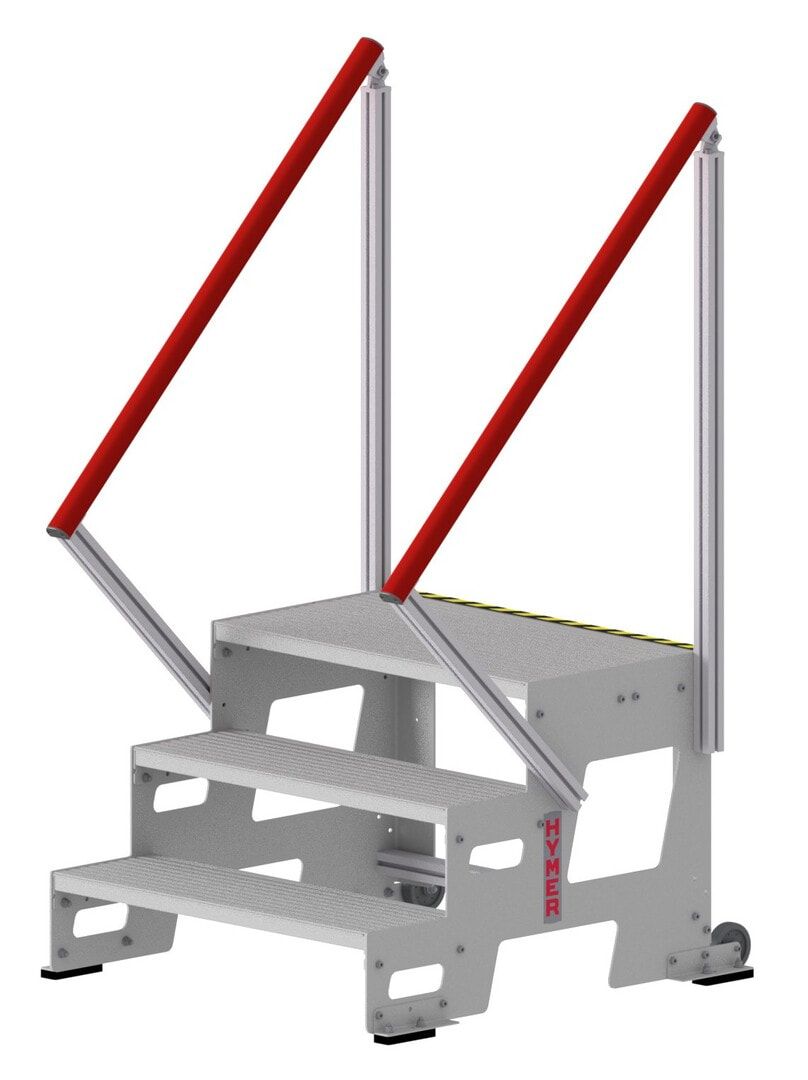 Aluminium Industrietreppe, 2 Stufen, Breite 1.000 mm, bis 150 kg Traglast, große Plattform, erweiterbar, rutschsicher, ortsfeste Montage möglich