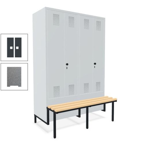 Doppel-Spind, Garderobenschrank, Buche Sitzbank integriert, 4 Abteile 300 mm, Korpus anthrazitgrau, Tür anthrazitgrau, 1.850 x 1.200 x 815 mm (HxBxT)