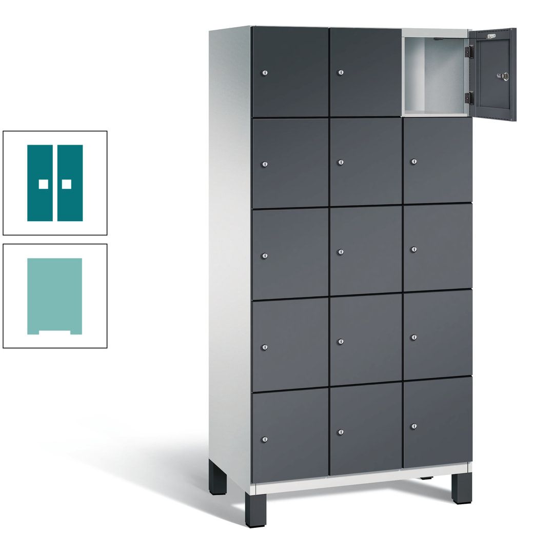 Fächerschrank, Stahlschrank, 15 Fächer, Türöffnungsbegrenzer, Füße, 1.980 x 900 x 525 mm (HxBxT), Korpus anthrazitgrau, Front anthrazitgrau