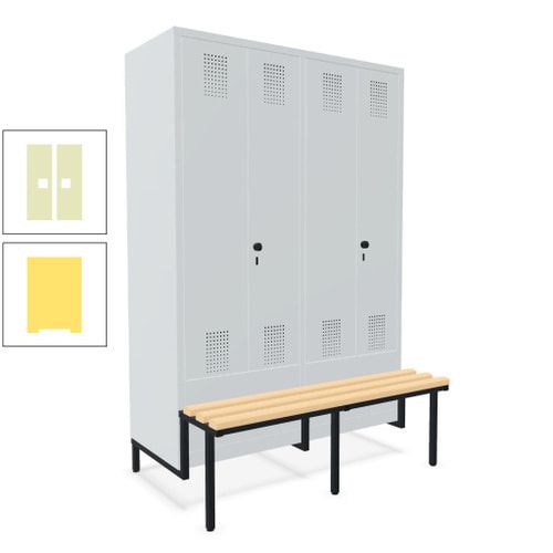 Doppel-Spind, Garderobenschrank, Buche Sitzbank integriert, 4 Abteile 300 mm, Korpus anthrazitgrau, Tür anthrazitgrau, 1.850 x 1.200 x 815 mm (HxBxT)