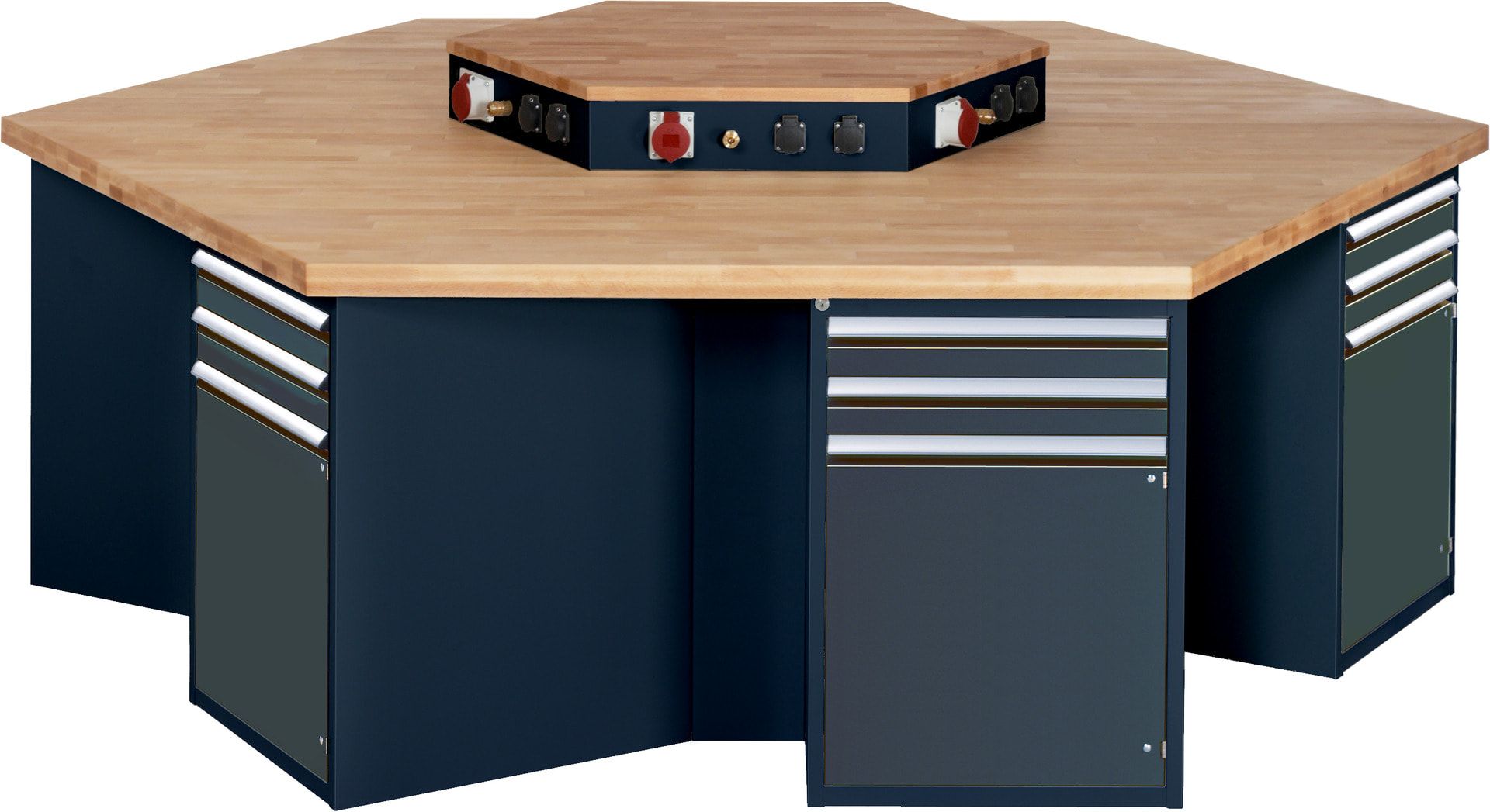 Gruppenwerkbank, Buche, Höhe 840 mm, mit Energieaufsatz, Unterbau-Container, 2 Schubladen, 1 Tür, 1 Boden - Anthrazitgrau