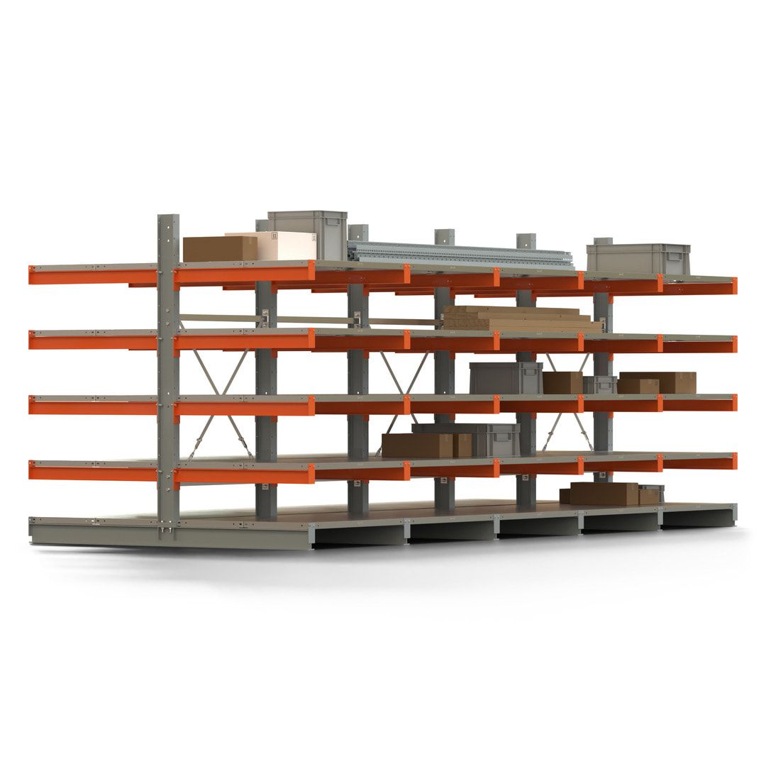 Doppelseitiges Kragarmregal mit Fachböden, 2 Felder, 2.000 x 2.000 (HxB), Nutztiefe 1.000 mm, Kragarmlast 450 kg, KARL basic, silbergrau/reinorange