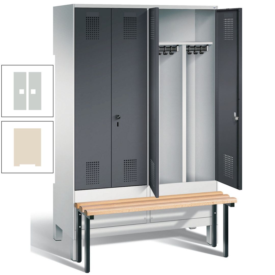 Doppel-Spind, Garderobenschrank, Buche Sitzbank vorgebaut, 4 Abteile a 300 mm, Korpus feuerrot, Tür Wasserblau, 1.850 x 1.200 x 815 mm (HxBxT)