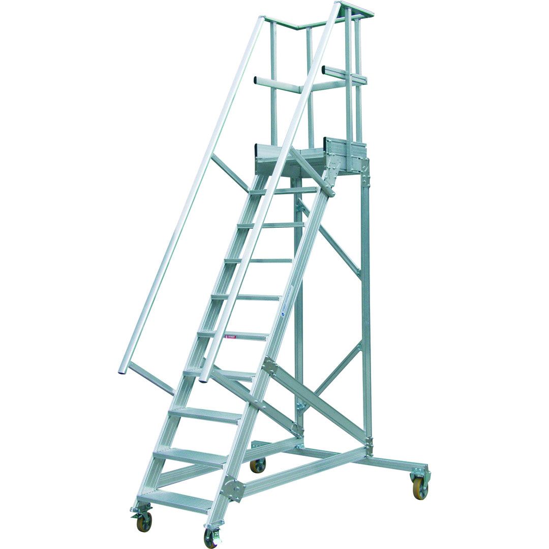 Fahrbare Podestleiter - Podesttreppe - 2.100 x 1.000 x 1.080 mm (HxBxT) - 4 Stufen 600 mm Breite - Treppenneigung 60 Grad - Aluminium - Rollpodest