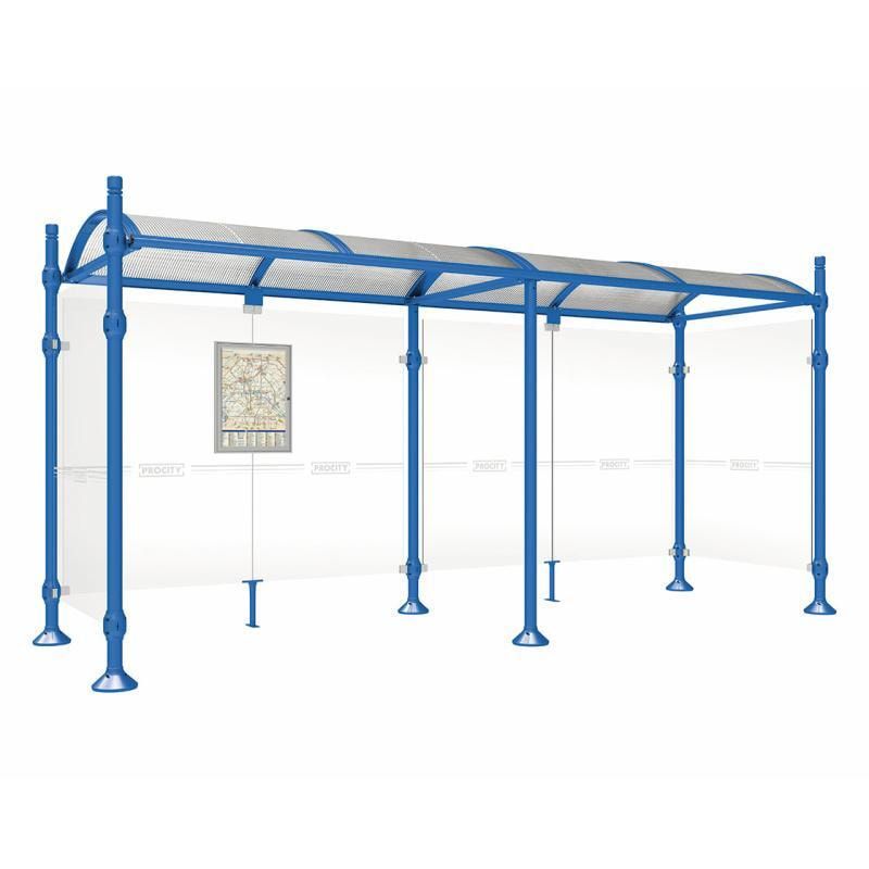 Buswartehalle, Unterstand, 2 Seitenwände, Kopf gebürsteter Edelstahl, ESG, Fahrplanschaukasten, 2.500 x 2.500 x 1.600 mm (HxBxT), Farbe enzianblau