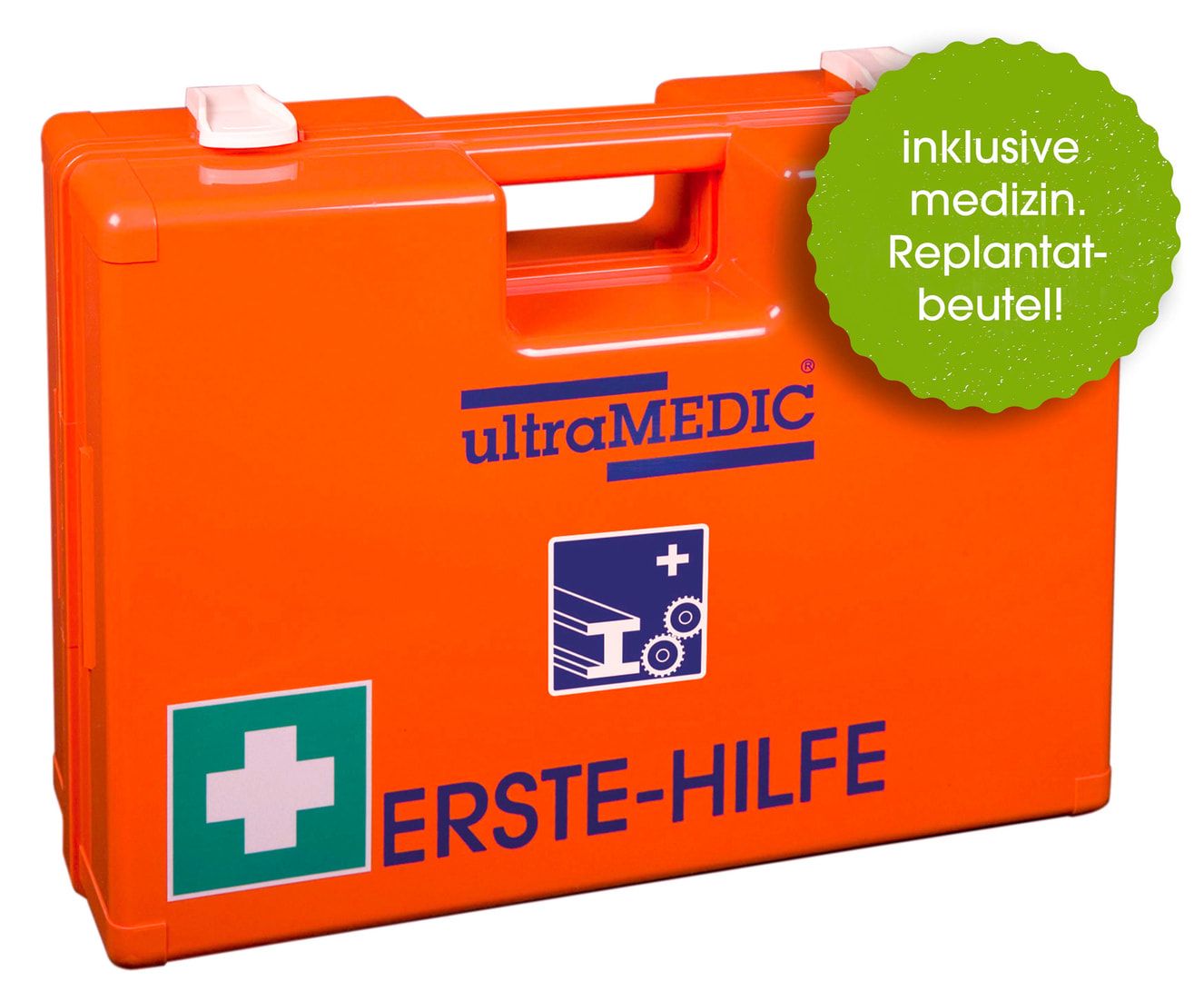 ultraMEDIC Erste-Hilfe-Koffer, Verbandkasten, Baustelle, mit Füllsortiment, nach DIN 13157, Augenspülung, 300 x 430 x 145 mm (HxBxT), ABS, orange