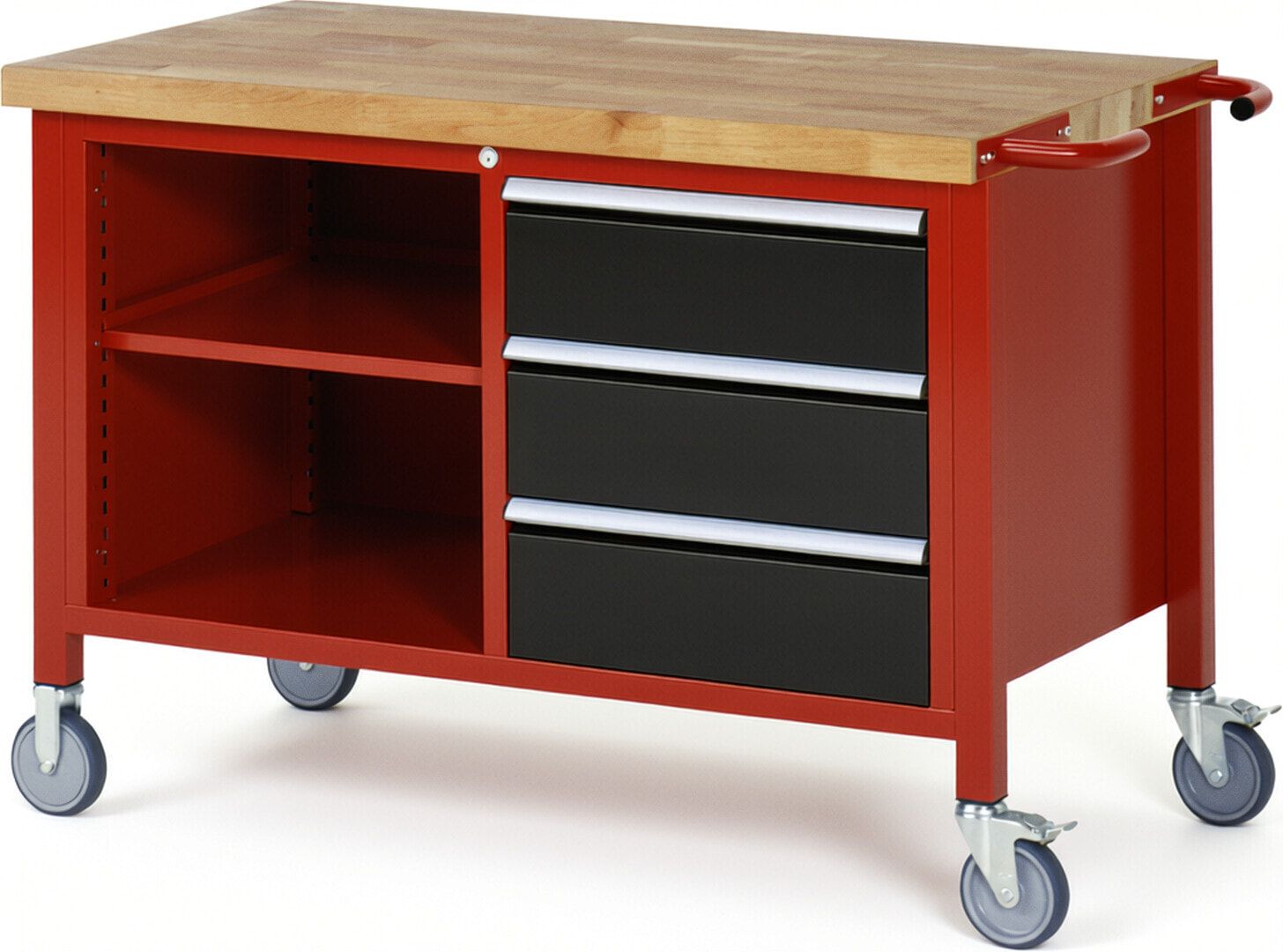 Mobile Werkbank, 2 Ablageböden - 3 Schubladen - Teilauszug - 180:3 - Höhe 880-1.080 mm - 1.250 x 700 mm - 450 kg - Anthrazitgrau