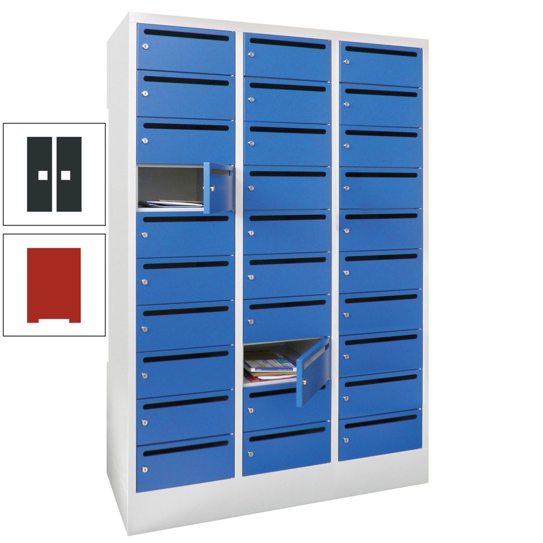 Postverteilerschrank, Schließfachschrank, 3 Abteile a 300 mm, 30 Fächer, 1.850 x 900 x 500 mm (HxBxT), Korpus anthrazitgrau, Front anthrazitgrau