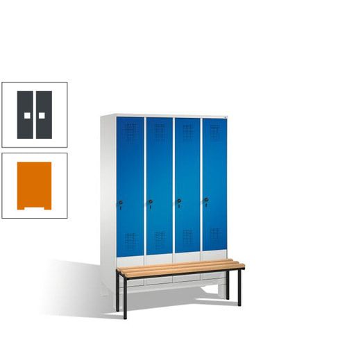 Stahl-Garderobenschrank, Spind, Buche Sitzbank vorgebaut, 4 Abteile a 300 mm, Korpus Lichtgrün, Tür Schwefelgelb, 1.850 x 1.200 x 815 mm (HxBxT)