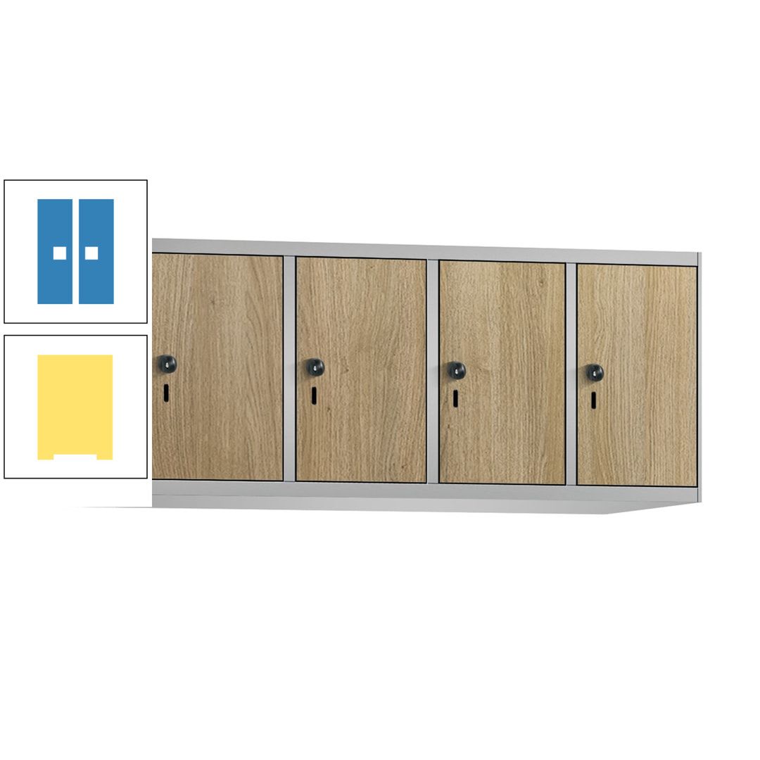 Aufsatzschrank, Schrankaufsatz, 4 Fächer a 300 mm, Farbe Pastellgelb, Tür anthrazitgrau, 500 x 1.200 x 500 mm (HxBxT)