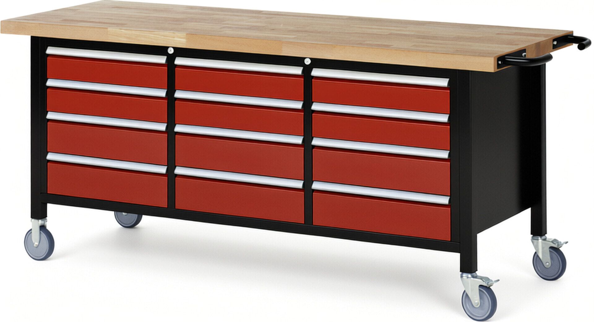 Mobile Werkbank, 12 Schubladen - Teilauszug - 120:6 / 150:6 - Höhe 880-1.080 mm - 2.000 x 700 mm - 450 kg - Buche - Anthrazitgrau