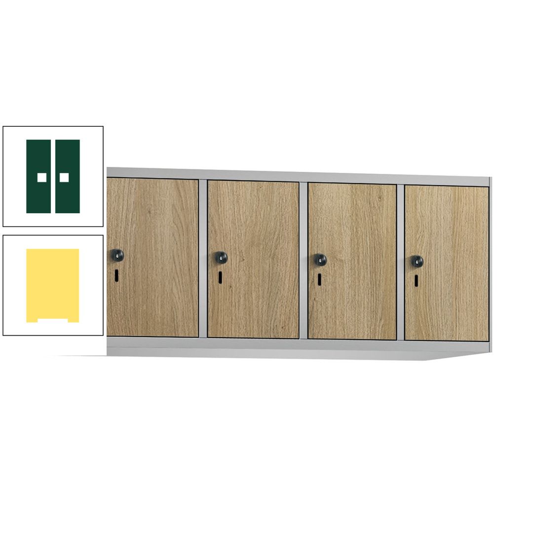 Aufsatzschrank, Schrankaufsatz, 4 Fächer a 300 mm, Farbe Pastellgelb, Tür anthrazitgrau, 500 x 1.200 x 500 mm (HxBxT)
