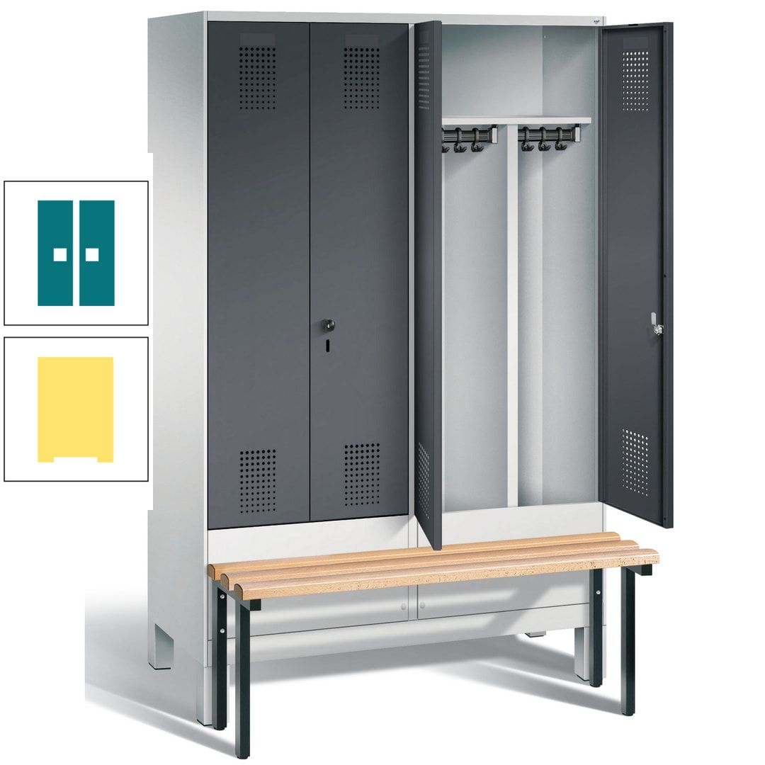 Doppel-Spind, Garderobenschrank, Buche Sitzbank vorgebaut, 4 Abteile a 300 mm, Korpus feuerrot, Tür Wasserblau, 1.850 x 1.200 x 815 mm (HxBxT)