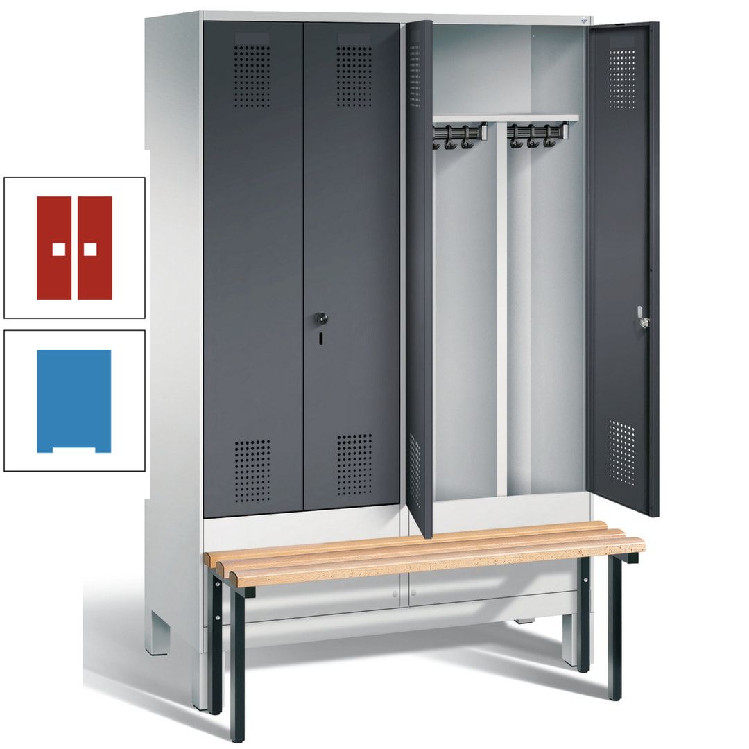 Doppel-Spind, Garderobenschrank, Buche Sitzbank vorgebaut, 4 Abteile a 300 mm, Korpus feuerrot, Tür Wasserblau, 1.850 x 1.200 x 815 mm (HxBxT)