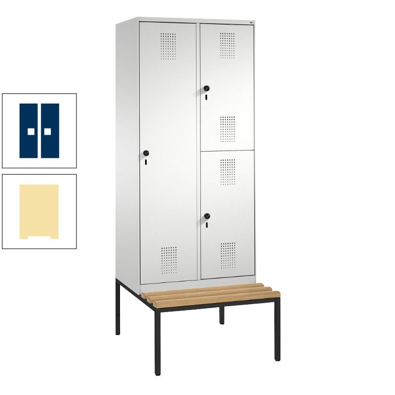 Garderobenschrank, Spind ein- und doppelstöckig Sitzbank, 2 Abteile, 3 Fächer, 2.090 x 800 x 500 mm (HxBxT), Front anthrazitgrau, Korpus anthrazitgrau