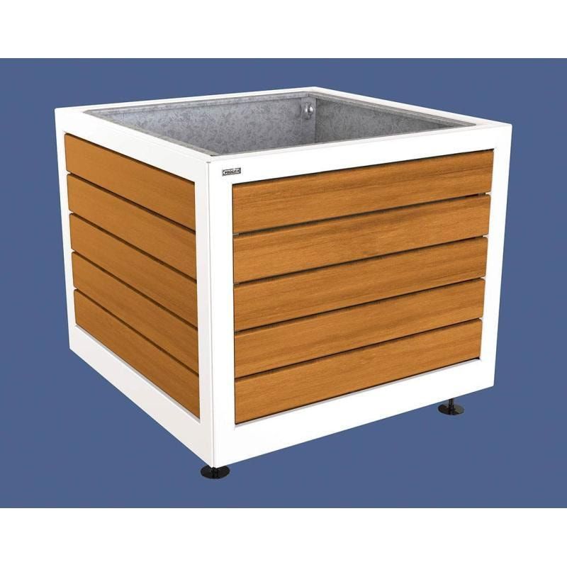 Pflanzbehälter, Stahl und Holz, verstellbare Füße, Innenverkleidung feuerverzinkt, 800 x 1.000 x 1.000 mm (HxBxT), Farbe enzianblau