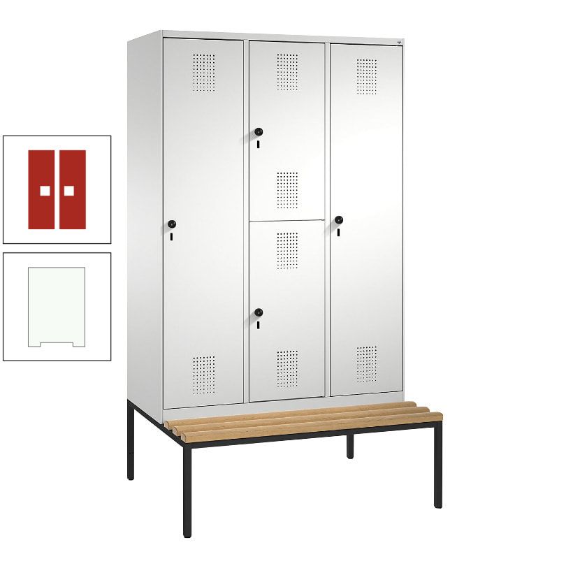 Garderobenschrank, Spind ein- und doppelstöckig Sitzbank, 3 Abteile, 4 Fächer, 2.090x1.200x500 mm (HxBxT), Front anthrazitgrau, Korpus anthrazitgrau