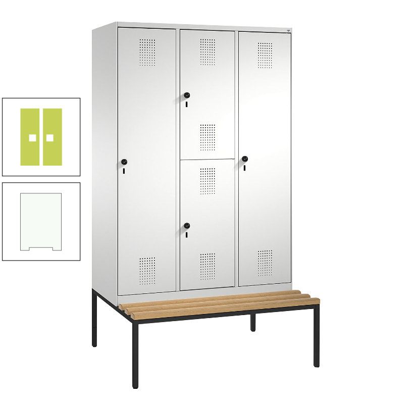 Garderobenschrank, Spind ein- und doppelstöckig Sitzbank, 3 Abteile, 4 Fächer, 2.090x1.200x500 mm (HxBxT), Front anthrazitgrau, Korpus anthrazitgrau