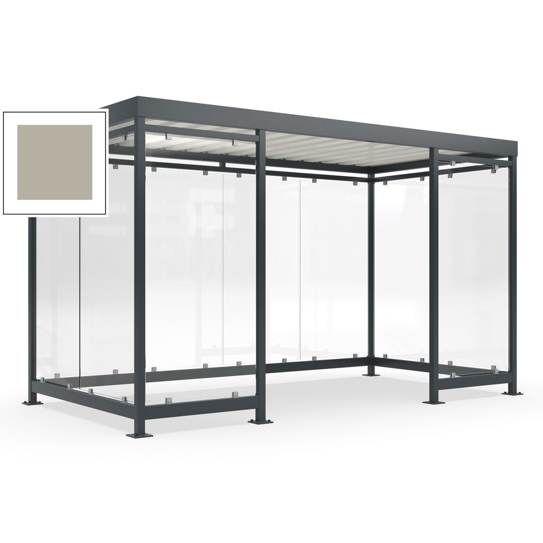 Fahrgastunterstand, Raucherunterstand, fertig montiert, Aufdübeln, 12-13 Personen, 2.510 x 4.195 x 2.165 mm (HxBxT), 10 Wände, Achatgrau
