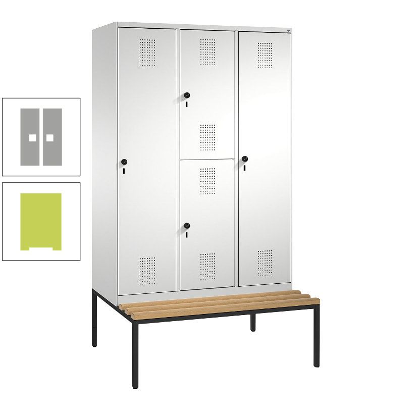 Garderobenschrank, Spind ein- und doppelstöckig Sitzbank, 3 Abteile, 4 Fächer, 2.090x1.200x500 mm (HxBxT), Front anthrazitgrau, Korpus anthrazitgrau