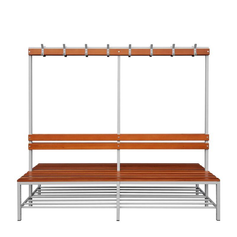 Umkleidebank, doppelseitig, Schuhrost, Haken, Breite 1.200 mm, Sitzhöhe 400 mm, Stahl mit Holzleisten, Gestell: lichtgrau, Sitzleisten: Buche