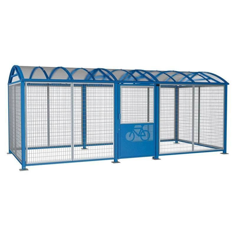 Fahrradüberdachung, Fahrradhaus, Unterstand, Digitalschloss, Stahlgitter, 2.640 x 6.250 x 2.830 mm (HxBxT), feuerverzinkt, enzianblau (RAL 5010)