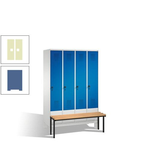 Stahl-Garderobenschrank, Spind, Buche Sitzbank vorgebaut, 4 Abteile a 300 mm, Korpus Lichtgrün, Tür Schwefelgelb, 1.850 x 1.200 x 815 mm (HxBxT)