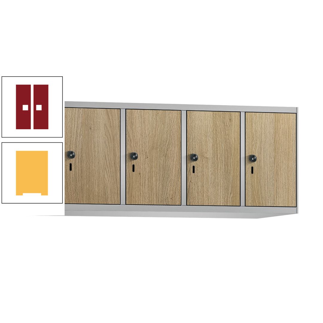 Aufsatzschrank, Schrankaufsatz, 4 Fächer a 300 mm, Farbe Pastellgelb, Tür anthrazitgrau, 500 x 1.200 x 500 mm (HxBxT)