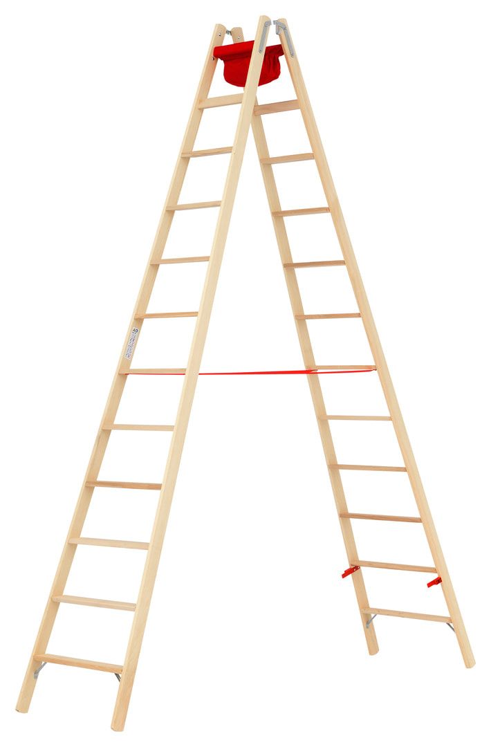 Holz-Stufenstehleiter, beidseitig begehbar, Textiltasche, Eimerhaken, Perlongurte, 1.240 x 473 mm (LxB), 2 x 4 Stufen, 8 kg, Stufentiefe 80 mm, Hymer