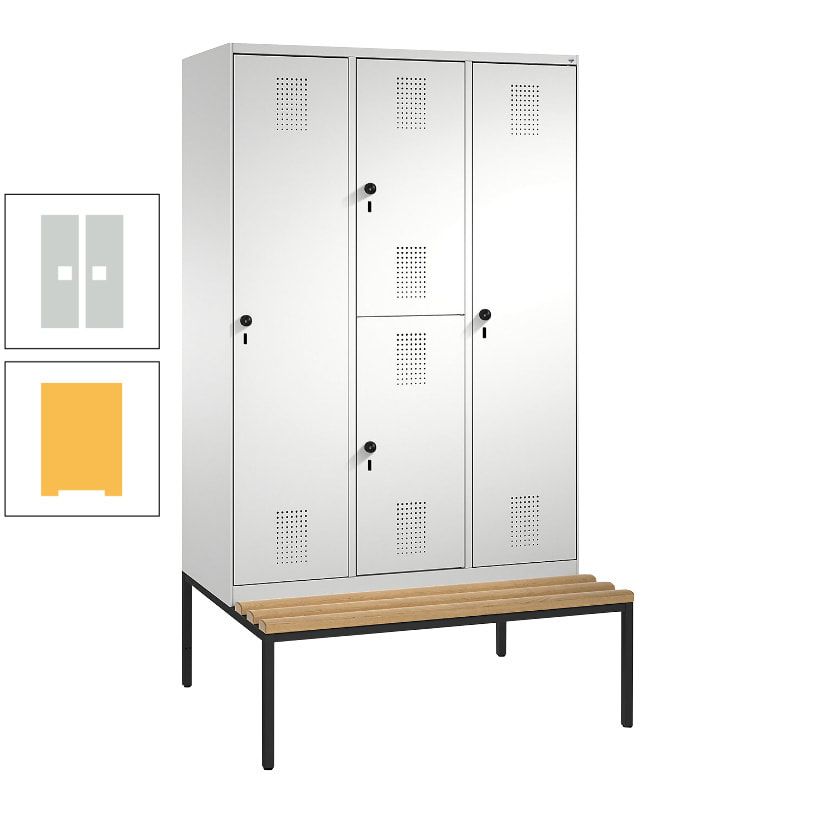 Garderobenschrank, Spind ein- und doppelstöckig Sitzbank, 3 Abteile, 4 Fächer, 2.090x1.200x500 mm (HxBxT), Front anthrazitgrau, Korpus anthrazitgrau