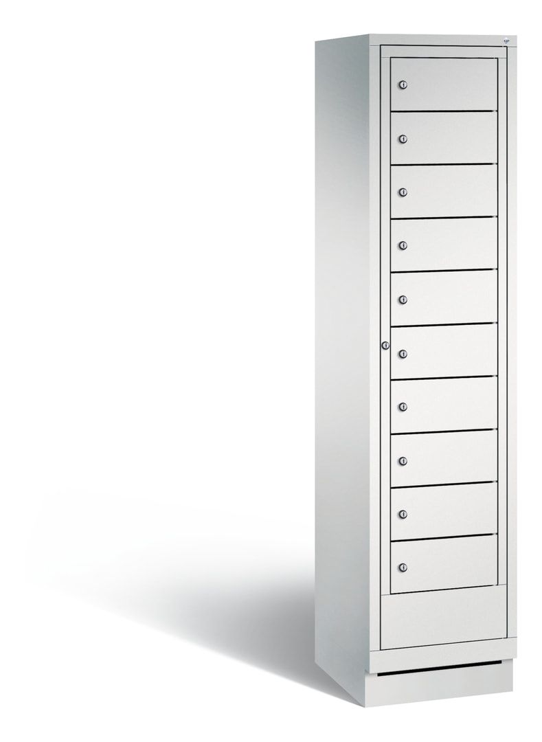 Wäscheschrank, Ausgabeschrank, Fächerschrank, Zentraltür, Sockel, 10 Fächer, Korpus Pastellgelb, Tür anthrazitgrau, 1.800 x 420 x 500 mm (HxBxT)