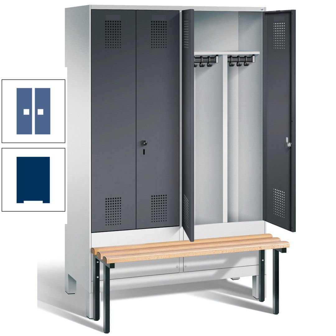 Doppel-Spind, Garderobenschrank, Buche Sitzbank vorgebaut, 4 Abteile a 300 mm, Korpus feuerrot, Tür Wasserblau, 1.850 x 1.200 x 815 mm (HxBxT)