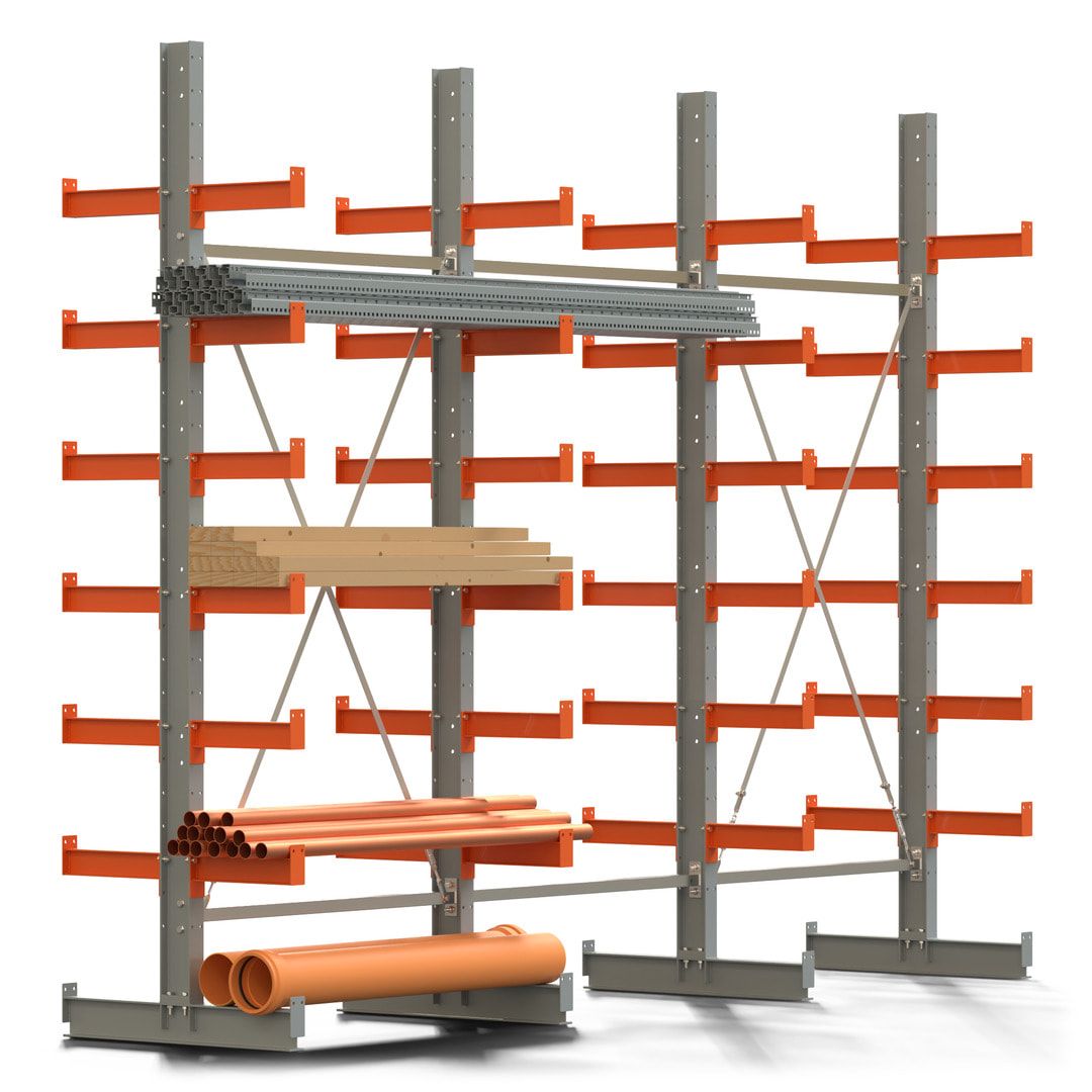Doppelseitiges Kragarmregal, 2 Felder, 3.000 x 2.560 x 1.120 mm (HxBxT), Nutztiefe 500 mm, Kragarmlast 870 kg, KARL basic, silbergrau/reinorange