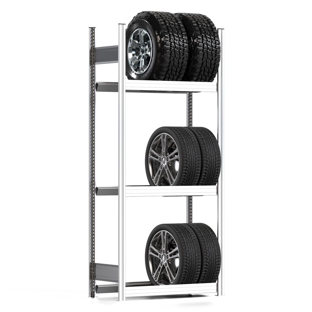 Reifenregal mit Tiefenriegel - 250 kg - 2.000 x 875 x 400 mm (HxBxT) - 3 Ebenen - Anbauregal - Steckregal BERT