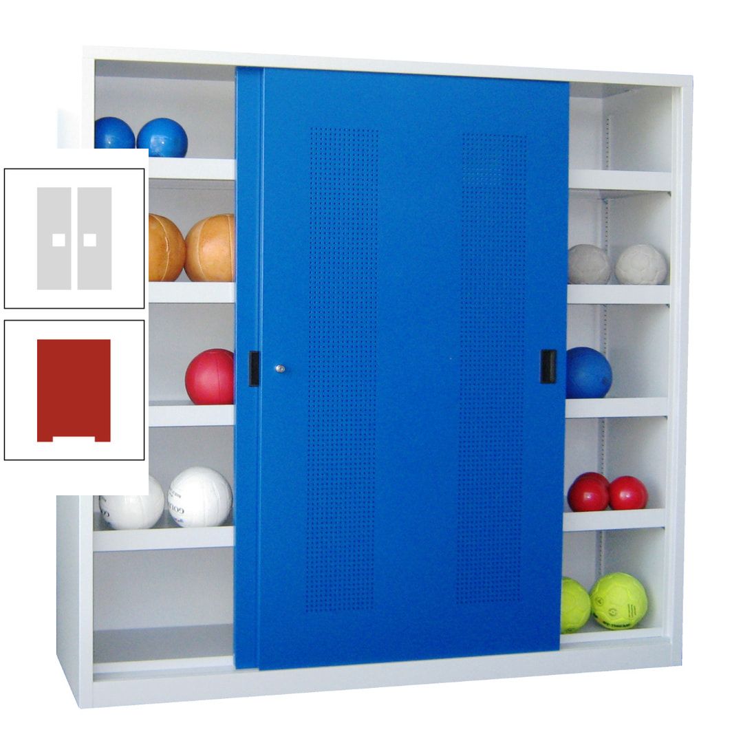 Ballschrank - Schiebetüren mit Lochfeld - Trennwand - 8 Böden - 1.950x2.000x600 mm (HxBxT) - anthrazitgrau