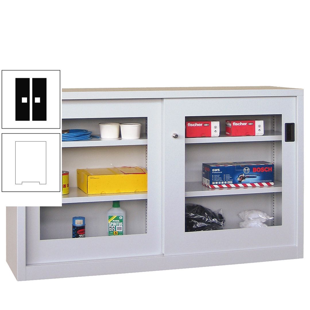 Schiebetürenschrank - Sichtfenstertüren - 1.000x1.500x600 mm (HxBxT) - 4 Böden, verzinkt - Zylinderschloss - anthrazitgrau