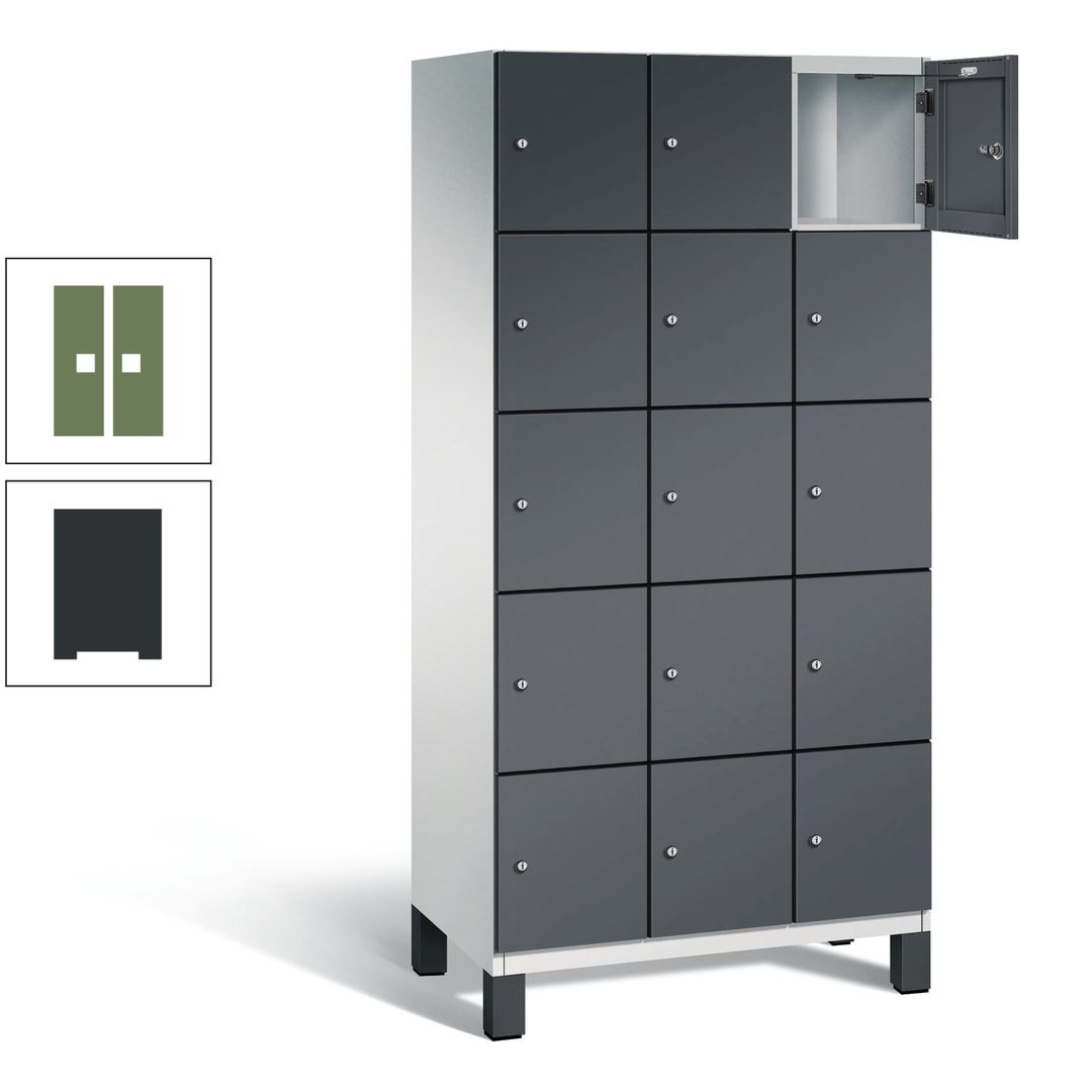 Fächerschrank, Stahlschrank, 15 Fächer, Türöffnungsbegrenzer, Füße, 1.980 x 900 x 525 mm (HxBxT), Korpus anthrazitgrau, Front anthrazitgrau
