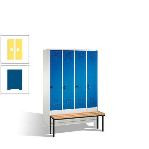 Stahl-Garderobenschrank, Spind, Buche Sitzbank vorgebaut, 4 Abteile a 300 mm, Korpus Lichtgrün, Tür Schwefelgelb, 1.850 x 1.200 x 815 mm (HxBxT)