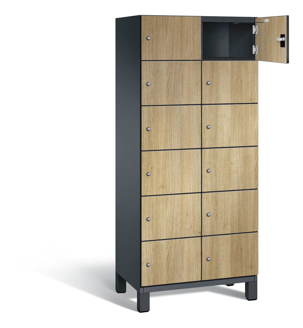 Fächerschrank, Stahlschrank, 12 Fächer, Türöffnungsbegrenzer, Füße, 1.980 x 800 x 525 mm, Korpus anthrazitgrau, Dekorfront HPL Donau-Ahorn