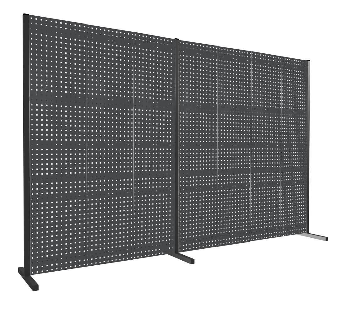 Modulare Trennwand, Werkzeugwand, Doppelfeld 180 Grad, 6 Lochplatten, Plattenhöhe 1.500 mm, 2.000 x 3.000 mm (HxB), Anthrazitgrau (RAL 7016)