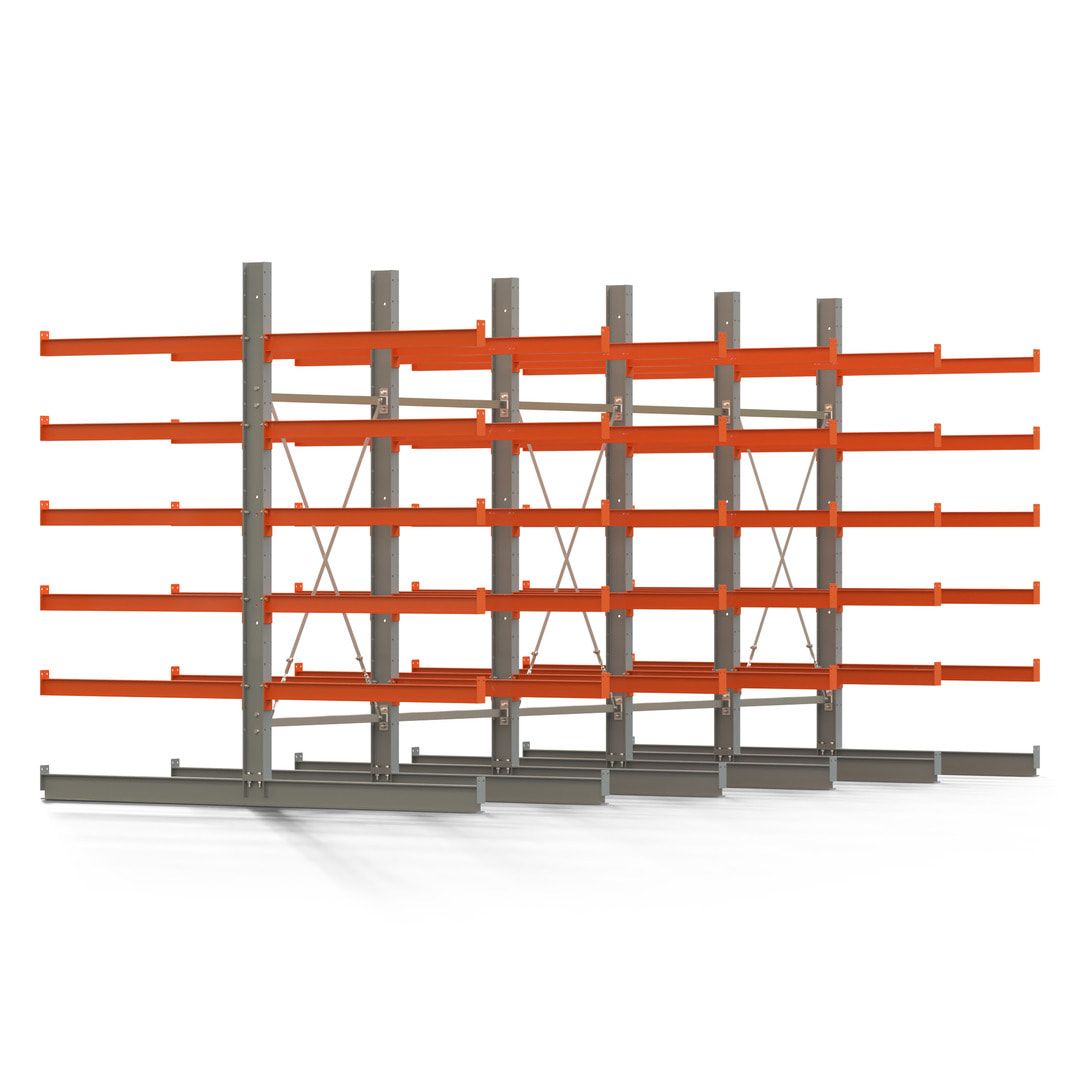 Doppelseitiges Kragarmregal, 2 Felder, 2.500 x 2.000 x 1.120 mm (HxBxT), Nutztiefe 500 mm, Kragarmlast 870 kg, KARL basic, silbergrau/reinorange