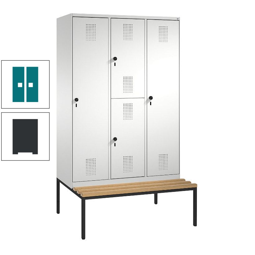 Garderobenschrank, Spind ein- und doppelstöckig Sitzbank, 3 Abteile, 4 Fächer, 2.090x1.200x500 mm (HxBxT), Front anthrazitgrau, Korpus anthrazitgrau