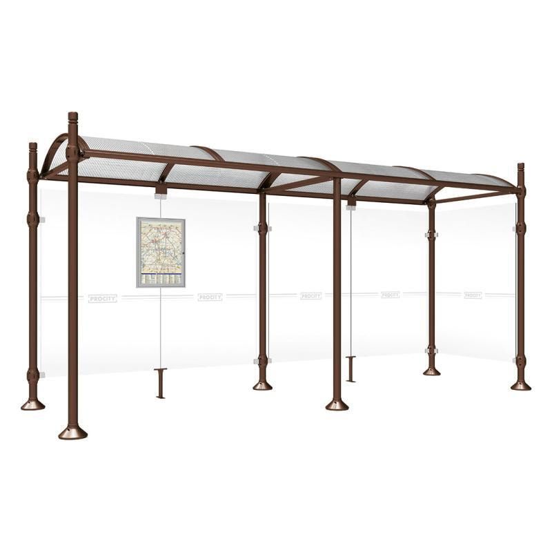 Buswartehalle, Unterstand, 2 Seitenwände, Kopf gebürsteter Edelstahl, ESG, Fahrplanschaukasten, 2.500 x 2.500 x 1.600 mm (HxBxT), Farbe enzianblau