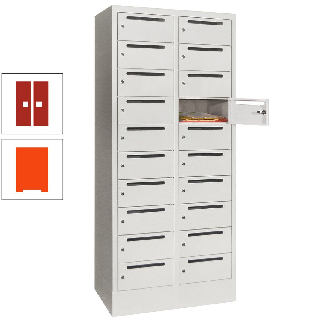 Postverteilerschrank, Schließfachschrank, 2 Abteile a 400 mm, 20 Fächer, 1.850 x 800 x 500 mm (HxBxT), Korpus anthrazitgrau, Front anthrazitgrau